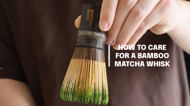 A person holding a bamboo matcha whisk with matcha and text 'how to care for a matcha bamboo whisk'